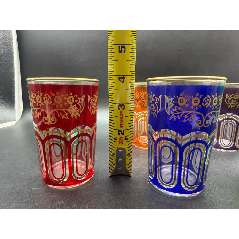Vintage Moroccan Tea Glasses Set of 6 Jewel Tone Gold Filigree